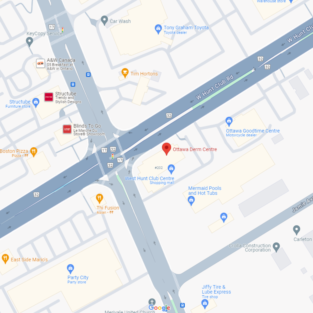 Google map image of our location in Ottawa Derm Centre 460 West Hunt Club, ON